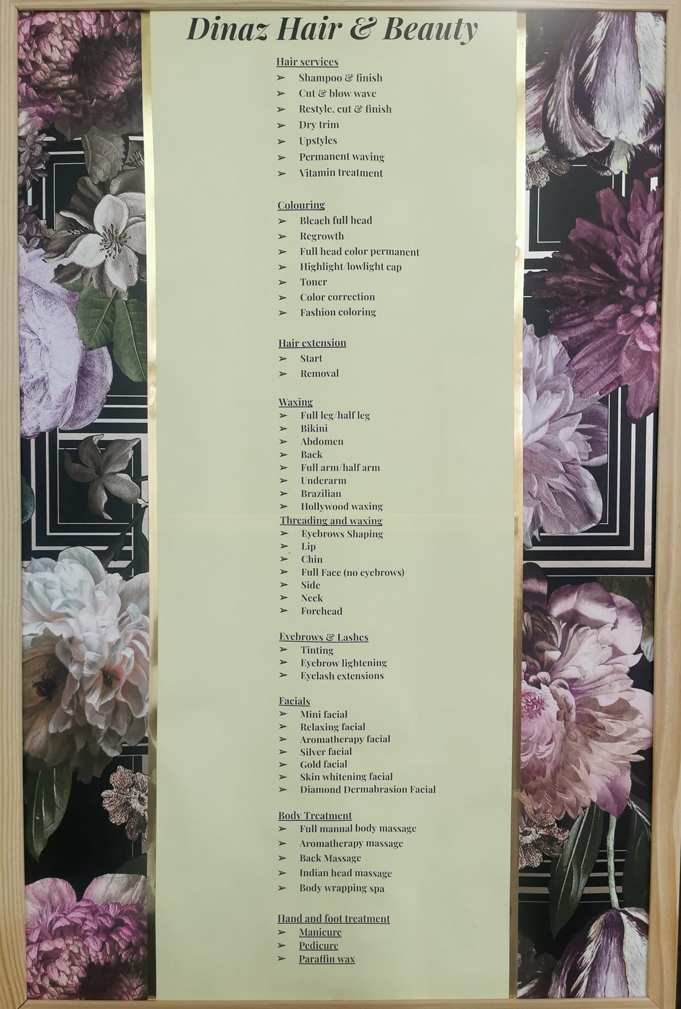 Beauty treatments menu